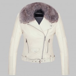 2018 Hot Women Winter Warm Faux Leather Jackets with Fur Collar Lady White Black Pink Motorcycle & Biker Outerwear Coats