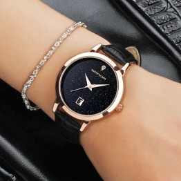Women’s leather strap simple diamond gold full of stars water resistant watch