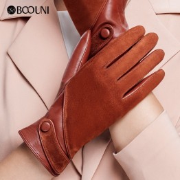 Women’s genuine leather and suede velvet lining gloves with wrist button strap