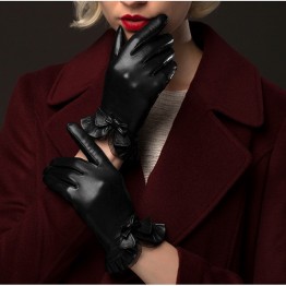 Women’s genuine leather gloves with wrist lace bow design 