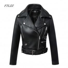 FTLZZ 2018 New Fashion Women Autumn Winter Black Faux Leather Jackets Zipper Basic Coat Turn-down Collar Biker Jacket With Blet