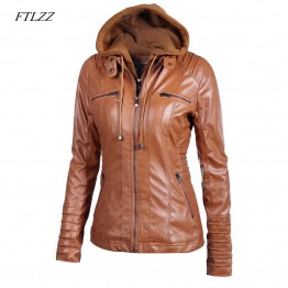Ftlzz 2018 New Women Faux Leather Jacket Pu Motorcycle Hooded Hat Detachable Casual Leather Plus Size 5xl Punk Outerwear