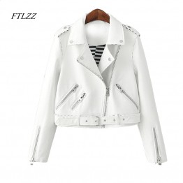 Ftlzz Women Zipper Faux Leather Jacket Autumn Pink White Moto Jacket Biker Jacket Slim White Pu Coat