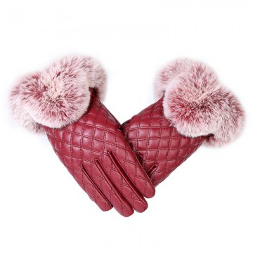 Warm and thick women’s leather gloves with colorful rabbit fur ball design