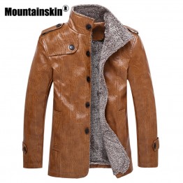 Mountainskin Winter Men's Leather Jackets 7XL 8XL Stand Collar Long Coats Men Windbreaker Fleece PU Leather Male Jacket SA375