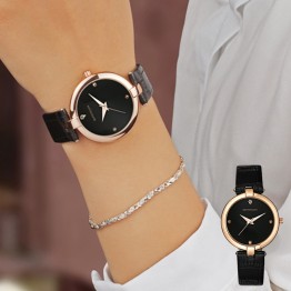 Women’s leather strap simple diamond gold water resistant watch