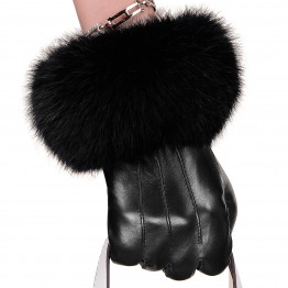 Women’s genuine thick and solid leather fur ball gloves 